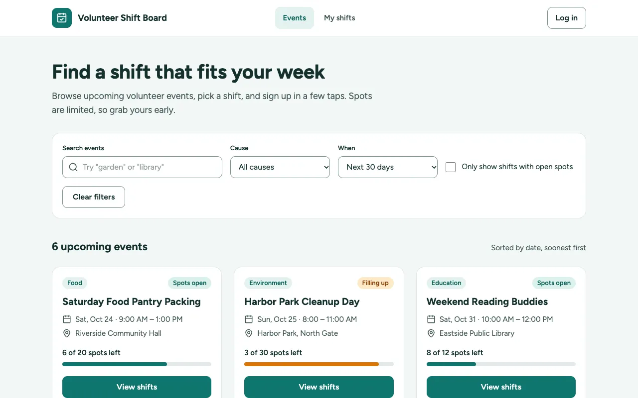Screenshot of the Volunteer Shift Board events page, with search filters above cards for upcoming volunteer events